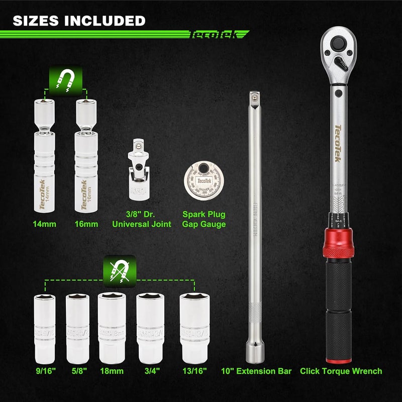 TecoTek 11Pcs 3/8" Drive Spark Plug Socket Set with Click Torque Wrench, Spark Plug Gapper, Universal Joint, Extension Bar, 9/16", 5/8", 3/4", 13/16", 14, 16 and 18mm, CR-V Sockets with Rubber Rings - Image 2